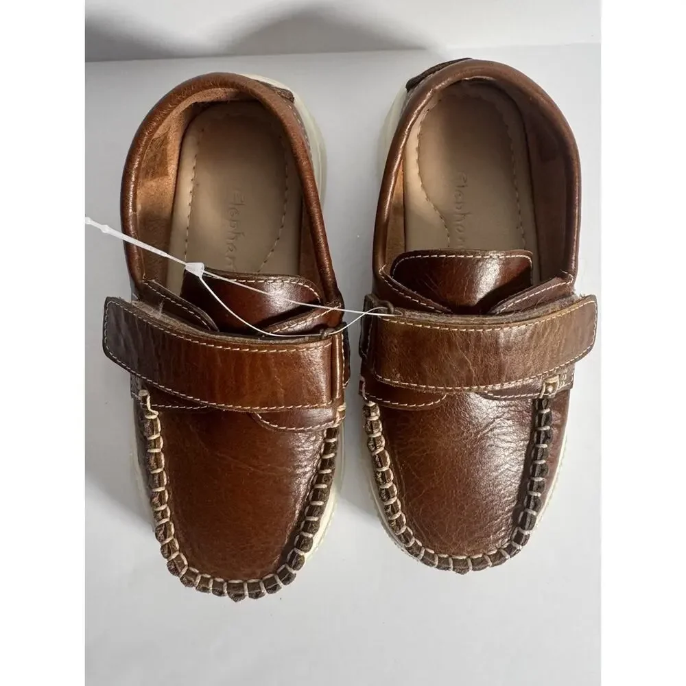 Elephantito Kids Brown Leather Hook & Loop Loafers Moccasins Toddler Size 10